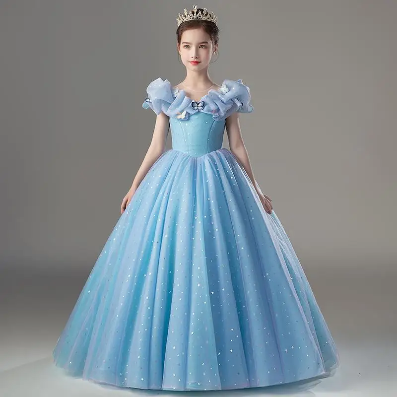 

New Kids Blue Princess Dress for Girls Children Birthday Party Sequin Long Evening Gowns Formal Prom Luxury Pageant Gala Dresses