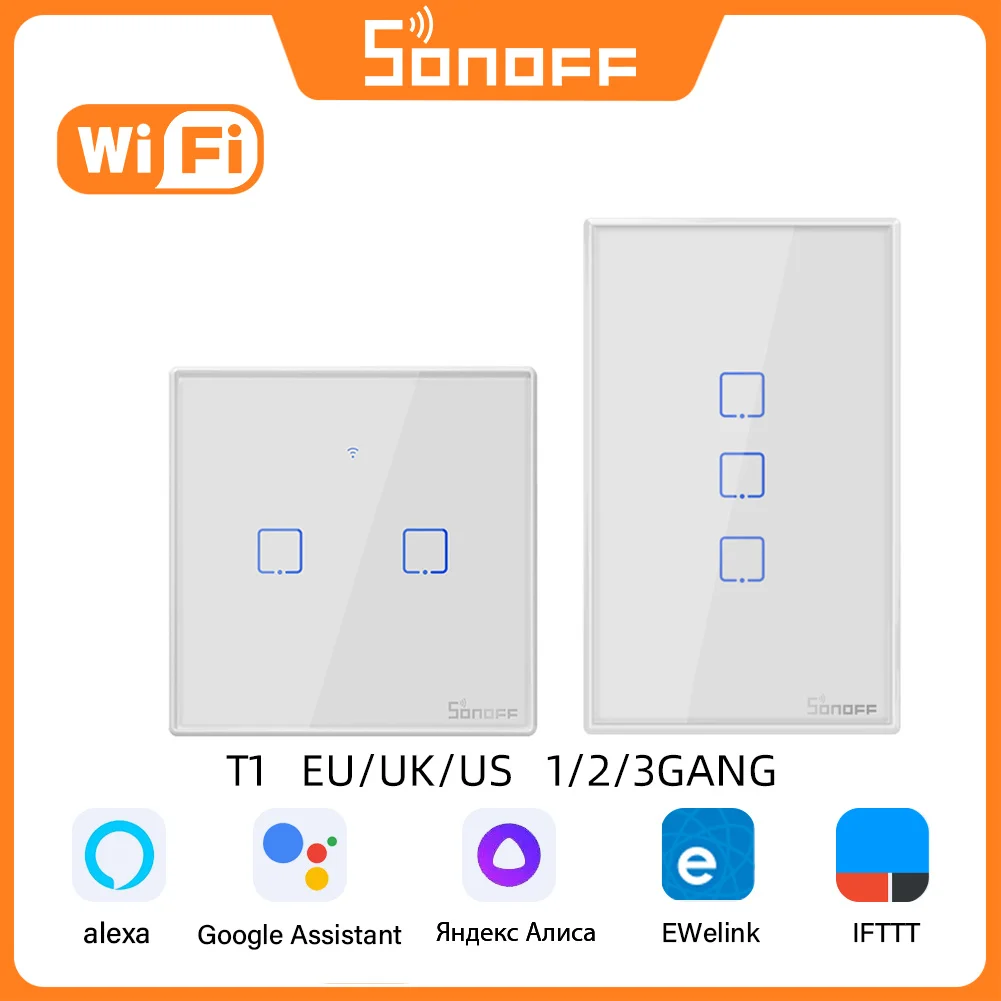 

SONOFF T1 WiFi Smart Wall Switch EU/UK 1/2/3 Gang Light Switch Remote Control Via Ewelink APP Works With Alexa Google Home