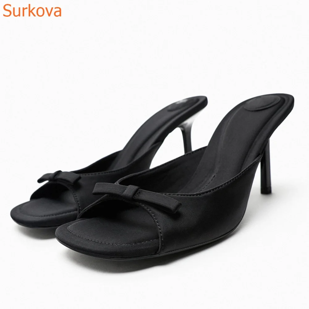 

Square Toe Butterfly Knot Women Slippers Black Mules Stiletto Heels Runway Show Silk Fashion Comfortable Slingback Women Shoes