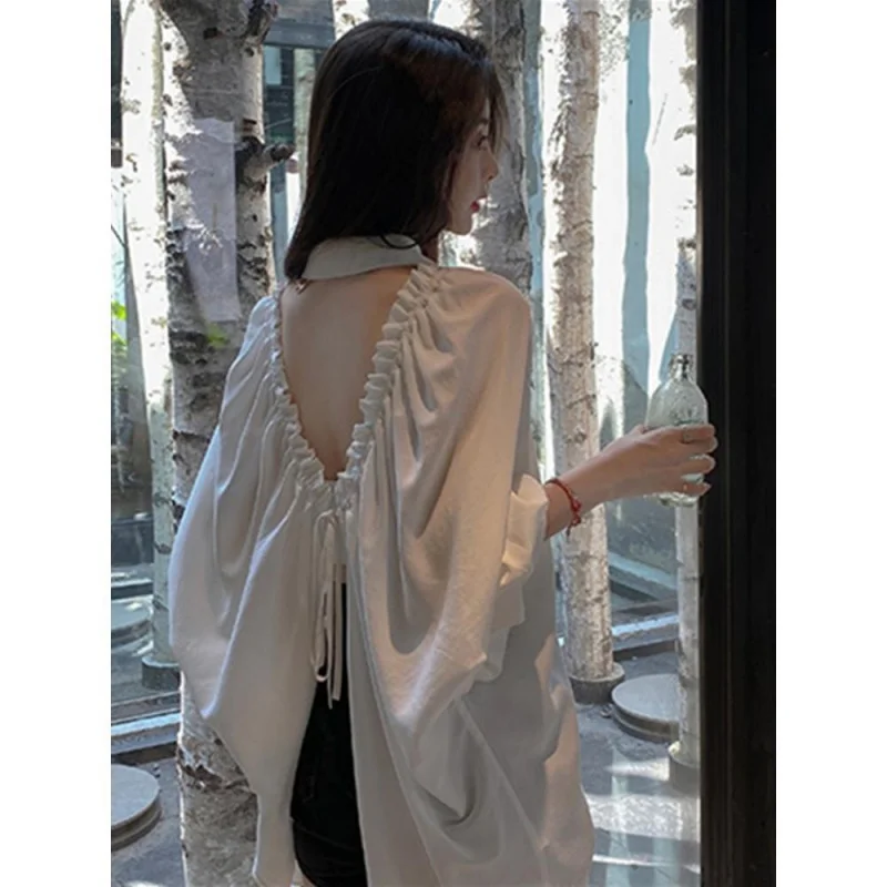 

Backless Long Sleeves Shirt Women's 2023 Early Autumn New Design Sense Niche Idle Style French Style Lantern Sleeve Loose Top