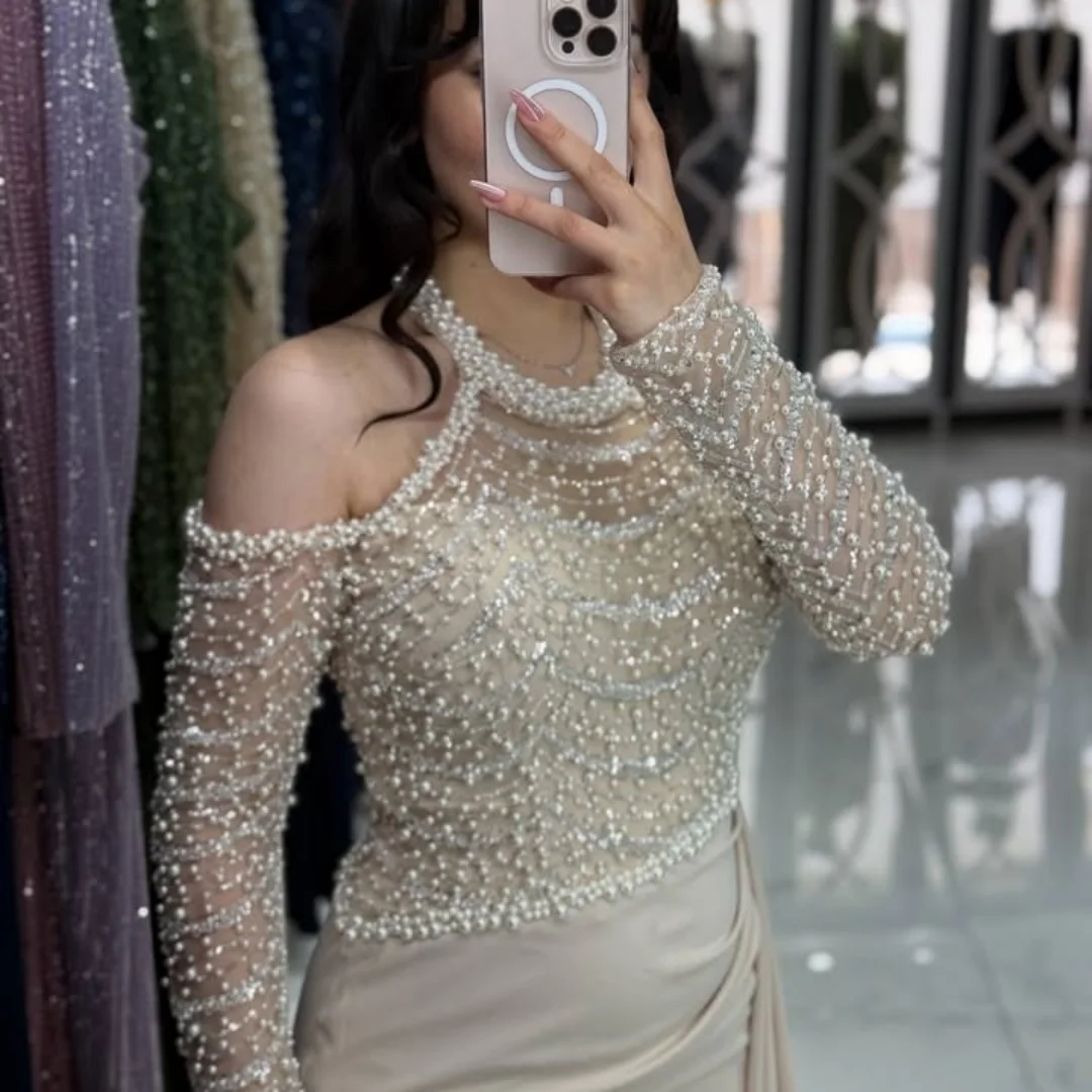 Sansa Customized Beaded Halter Neck Prom Dresses Long Sleeves فساتين للمناسبات الخاصة Pearls vestidos de fe 12 Sa34d1685a8984cbc8ac0afd3a406fb65Z