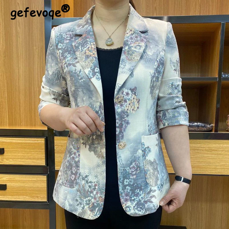 

Retro Ink Painting Print Notched Collar Single Breasted Female Suit Jacket Fashion Casual Long Sleeve Blazers Women Coat Clothes