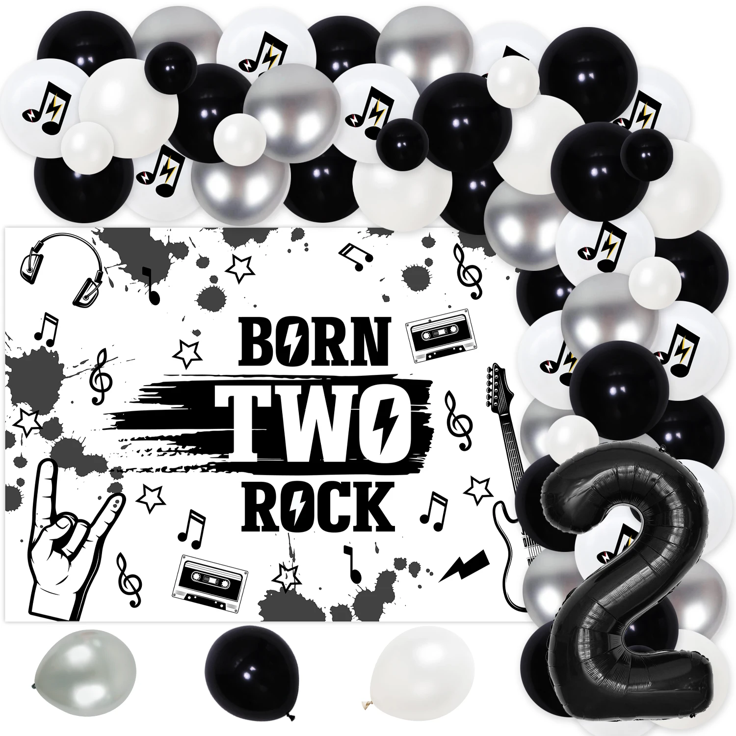 

Born to Rock 2nd Birthday Party Decoration, Rock and Roll, Party Supplies with Two Rock Background, Guitar Black Balloon Arch