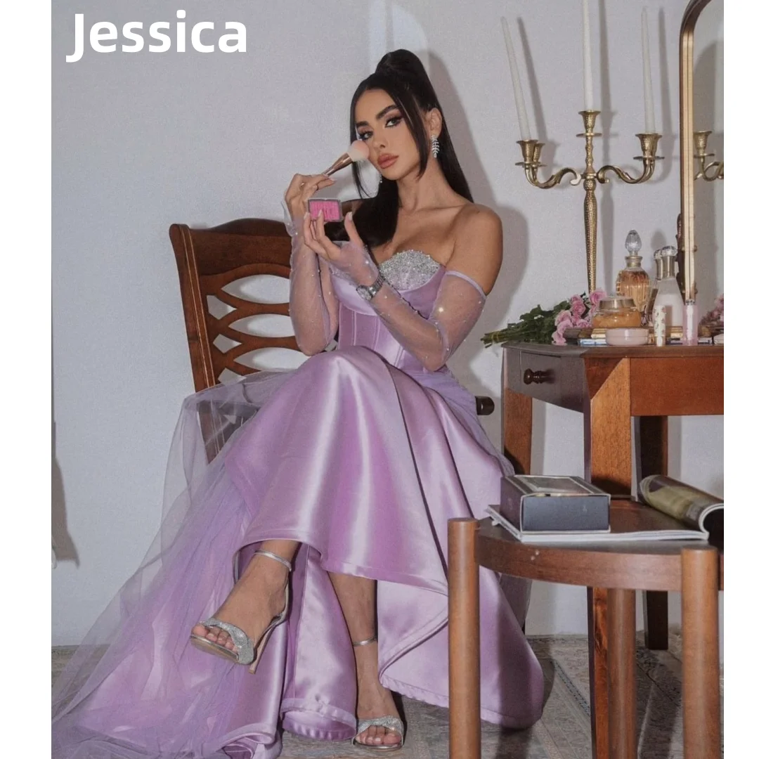 

Jessica Purple Prom Dresses Glitter Beads Strapless Satin-gauze Prom Dress Elegant Lady Formal Occasions Dinner Party Dresses