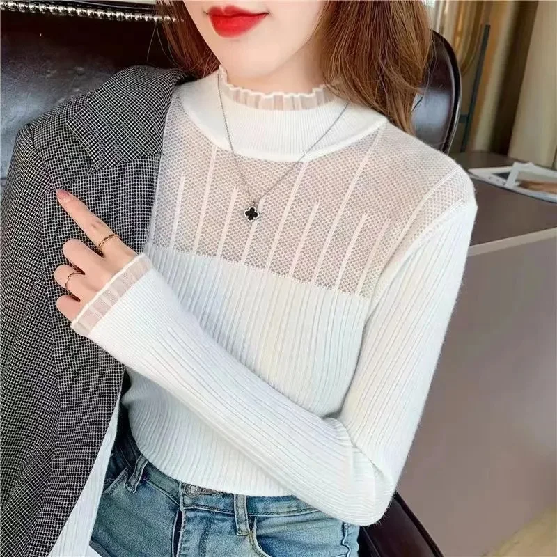 

2023 Autumn Basic Bottoming Sweater Top Women Ribbed Soft Mock Neck Elastic Pullover Warm Solid Color Slim Jumper