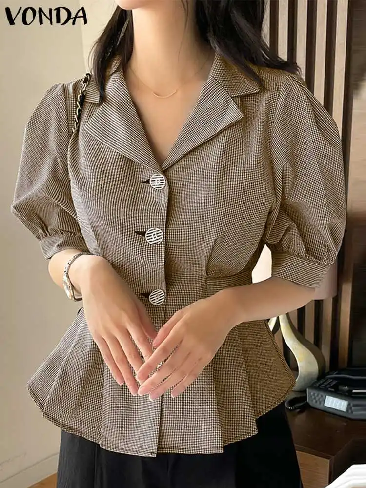 Vintage Blouses VONDA 2023 Fashion Plaid Shirts Women Summer Tunic Tops Casual Lapel Buttons Short Puff Sleeve Loose Blusas
Vintage Blouses VONDA 2023 Fashion Plaid Shirts Women Summer Tunic Tops Casual Lapel Buttons Short Puff Sleeve Loose Blusas