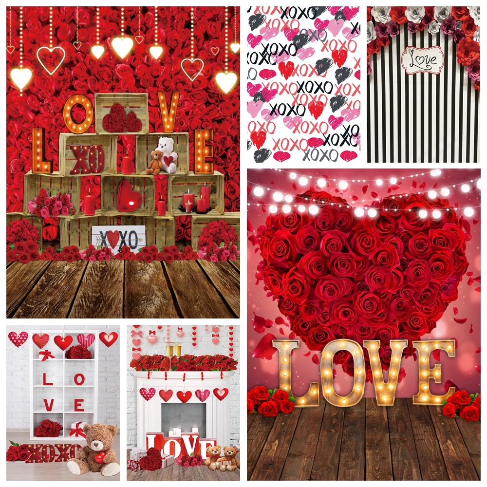 

Valentine's Day Photography Backdrop February 14th Love Heart Red Rose Bridal Shower Wedding Party Background Photo Studio Props