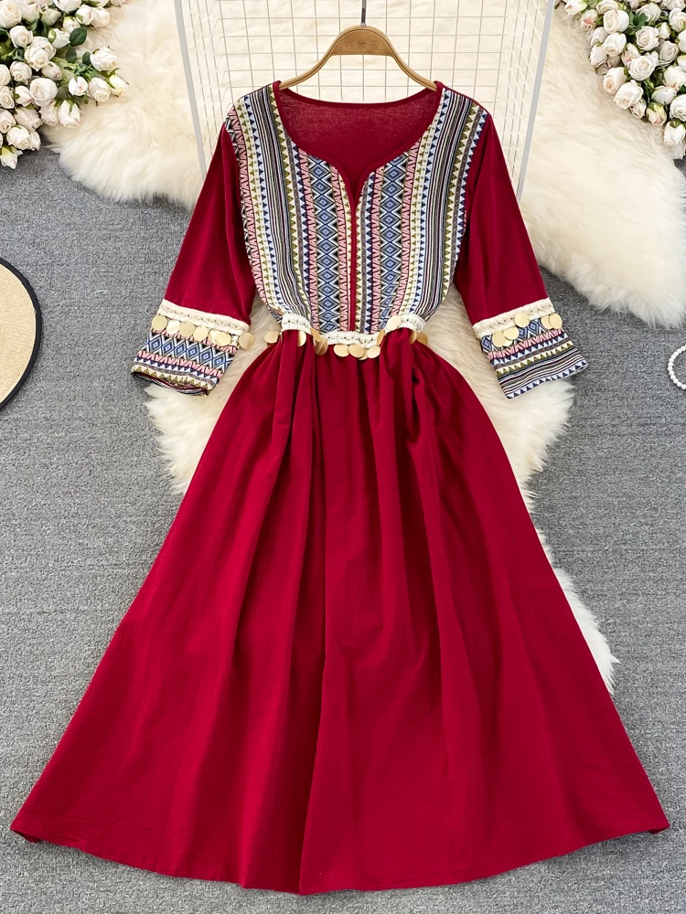 Autumn Seaside Holiday Beach Travel Bohemian Long Temperament High Waist Ethnic Style V-neck Waist Vestidos Dress Women D1632
Autumn Seaside Holiday Beach Travel Bohemian Long Temperament High Waist Ethnic Style V-neck Waist Vestidos Dress Women D1632