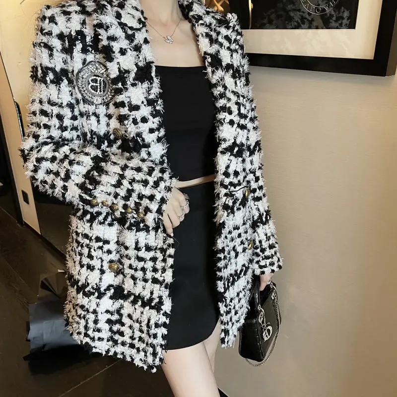 Women's Lining/Cotton Autumn Winter Mid Length Suit Coat Black White Plaid Coarse Tweed Female Blazers
Women's Lining/Cotton Autumn Winter Mid Length Suit Coat Black White Plaid Coarse Tweed Female Blazers