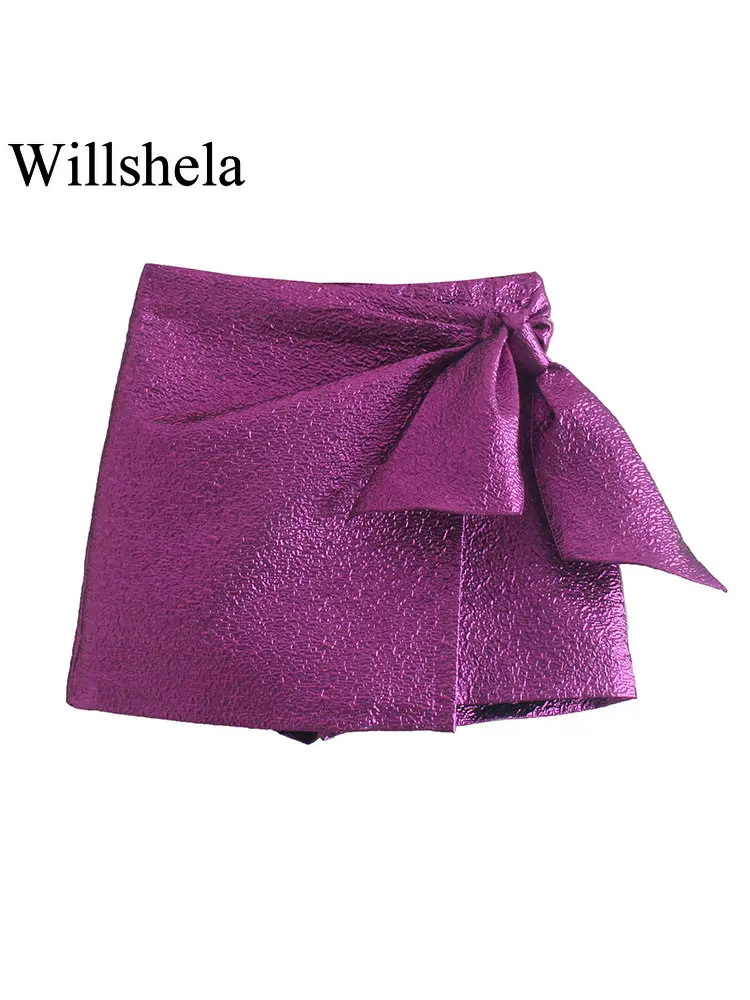 

Willshela Women Fashion Textured Skort with Bow Knot High-waisted Invisible Side Zipper Casual Chic Lady Woman Elegant Shorts