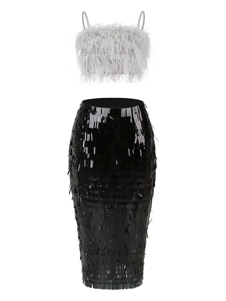 Skirts Sets for Women 2 Pieces Outfits Sexy Strapless Feather Tanks Top + High Waist Sequins Long Skirts Elegant Women's Sets
Skirts Sets for Women 2 Pieces Outfits Sexy Strapless Feather Tanks Top + High Waist Sequins Long Skirts Elegant Women's Sets