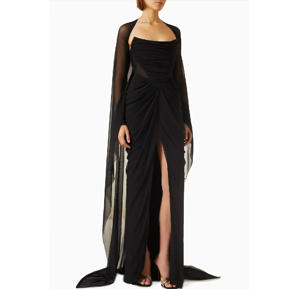 

Женское вечернее платье с юбкой-годе TIXLEAR, черное кружевное платье без бретелек с длинными рукавами и разрезом по бокам, платье из двух предметов, 2024