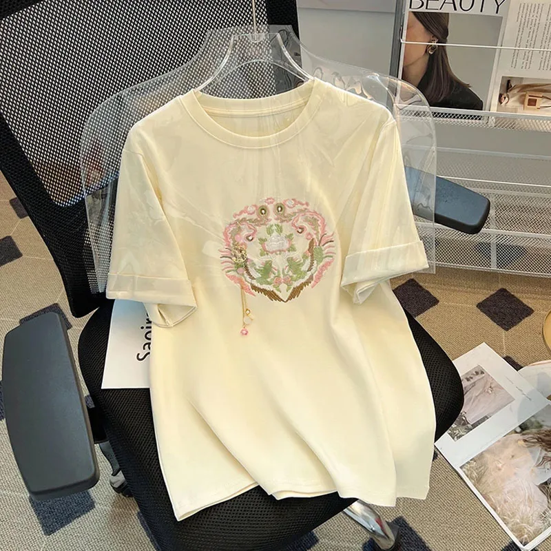 

Женская футболка с цветочной вышивкой в стиле 90-х, летняя футболка с коротким рукавом и графическим принтом, 2024