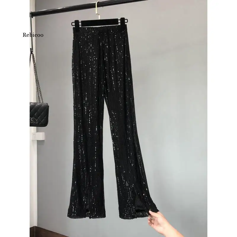 

2022 Elegant Lady Glitter High Waist Wide Leg Sequin Pants Women Bling Length Sparkling Flared Trousers Party Clubwear Champagne