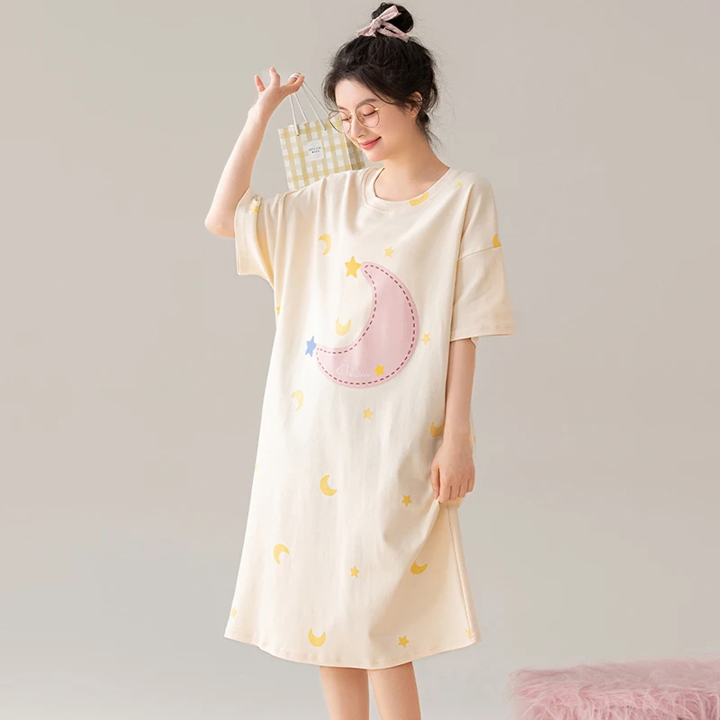 2024 летние Ночные рубашки с коротким рукавом и принтом из 100% хлопка для женщин, Корейская Милая одежда для сна для студентов, ночная рубашка, ночная рубашка, домашняя одежда 
2024 летние Ночные рубашки с коротким рукавом и принтом из 100% хлопка для женщин, Корейская Милая одежда для сна для студентов, ночная рубашка, ночная рубашка, домашняя одежда