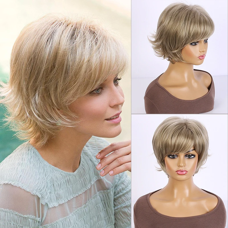 

JOY&BEAUTY Short Pixie Cut Bob Mixed Brown Wig for Women Daily Party Natural Synthetic Hair Wigs with Bangs Heat Resistant Fiber