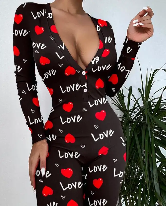 Spring Sexy Sleep Onesie Heart Letter Print Functional Buttoned Flap V-Neck Design Polyester Fashion Long Sleeve Skinny Pajamas
Spring Sexy Sleep Onesie Heart Letter Print Functional Buttoned Flap V-Neck Design Polyester Fashion Long Sleeve Skinny Pajamas
