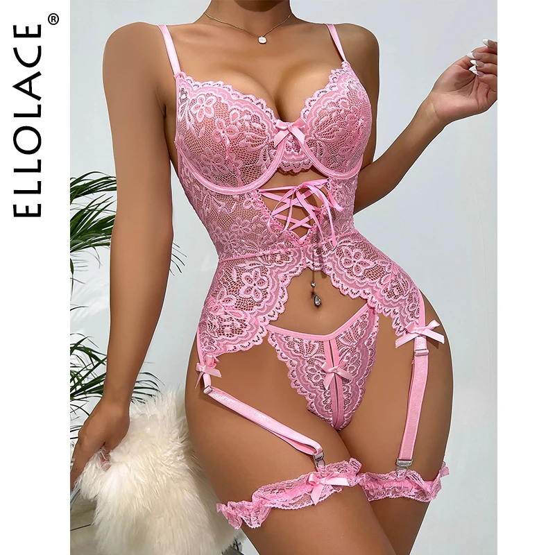 

Ellolace Delicate Lingerie Seamless Lace Underwear Fancy Erotic 3-Piece Sex Outfit Open Crotchless Thongs See Through Intimate