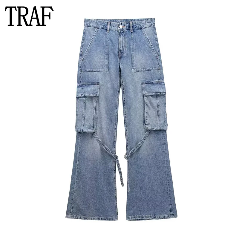 

TRAF 2024 Cargo Jeans for Women Blue Straight Leg Jeans Woman Fashion Mid Rise Women's Jeans Streetwear Casual Denim Pants Women