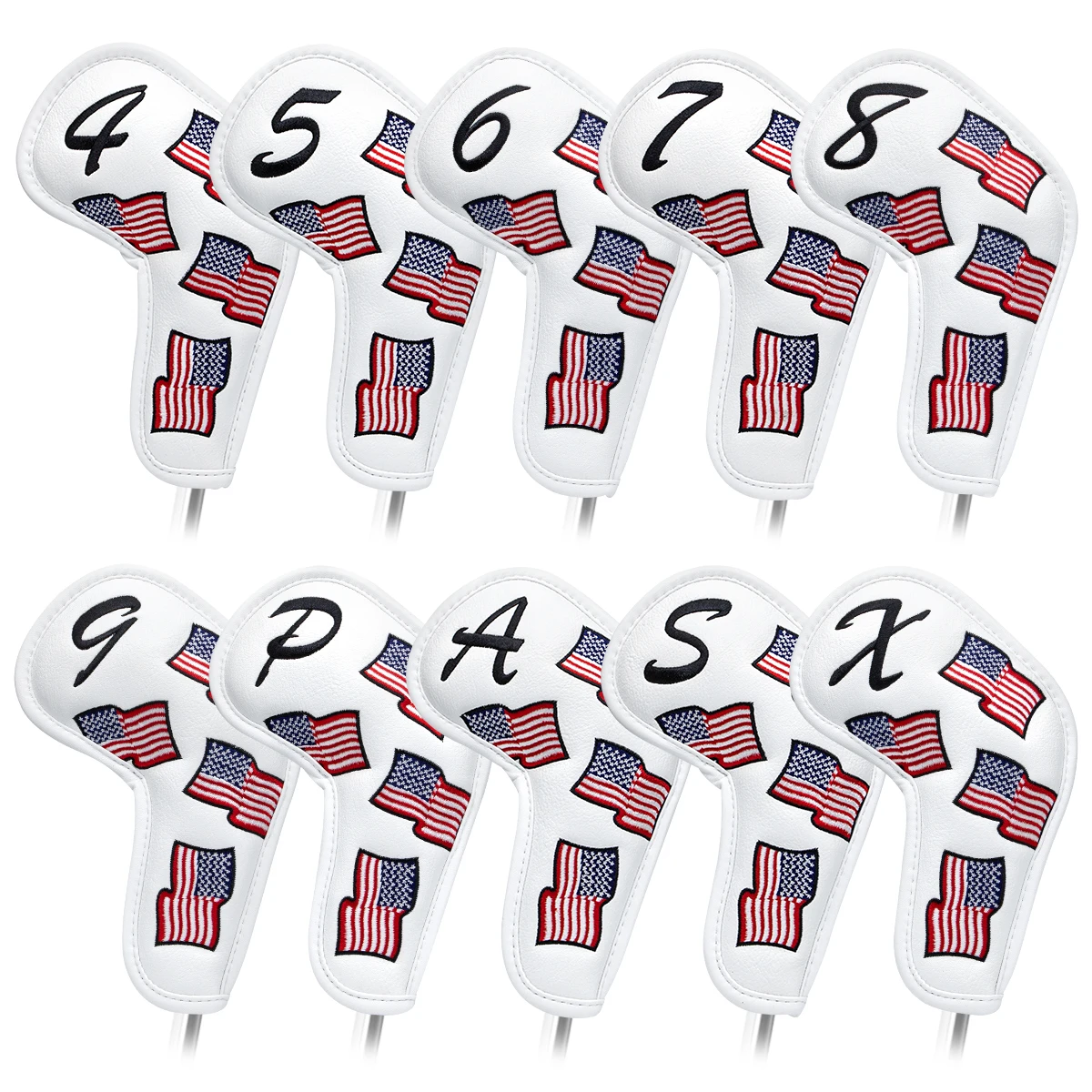 Golf Iron Head Covers 10pcs/set Iron Headovers USA Patriotism with Velc-ro White Premium leather for Golf irons
Golf Iron Head Covers 10pcs/set Iron Headovers USA Patriotism with Velc-ro White Premium leather for Golf irons
