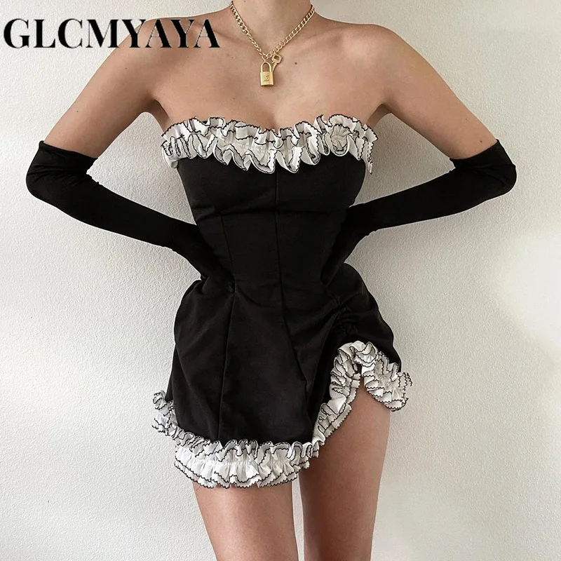 

GLCMYAYA Women Strapless Block Color Spliced Oversleeve Solid A-LINE Bodycon Dress 2023 Sexy & Club Party Nigh Mini Dresses