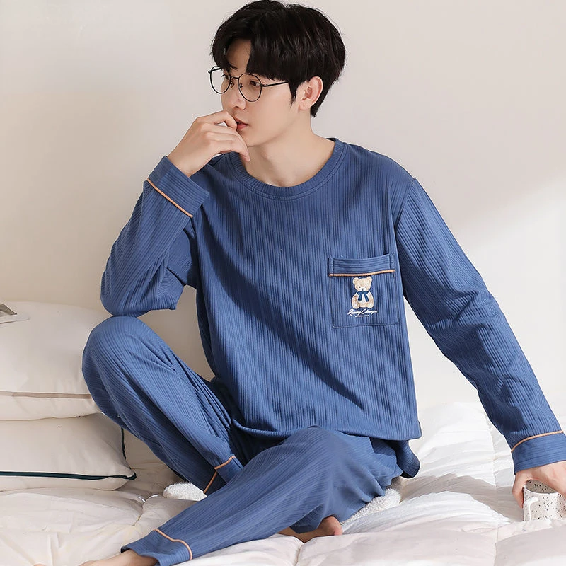 

Pyjamas Men Cotton Pajama Sets Long Sleeve Long Pants Sleepwear Pullover Homewear Sets Korean Fashion Loose Casual Nightwear
