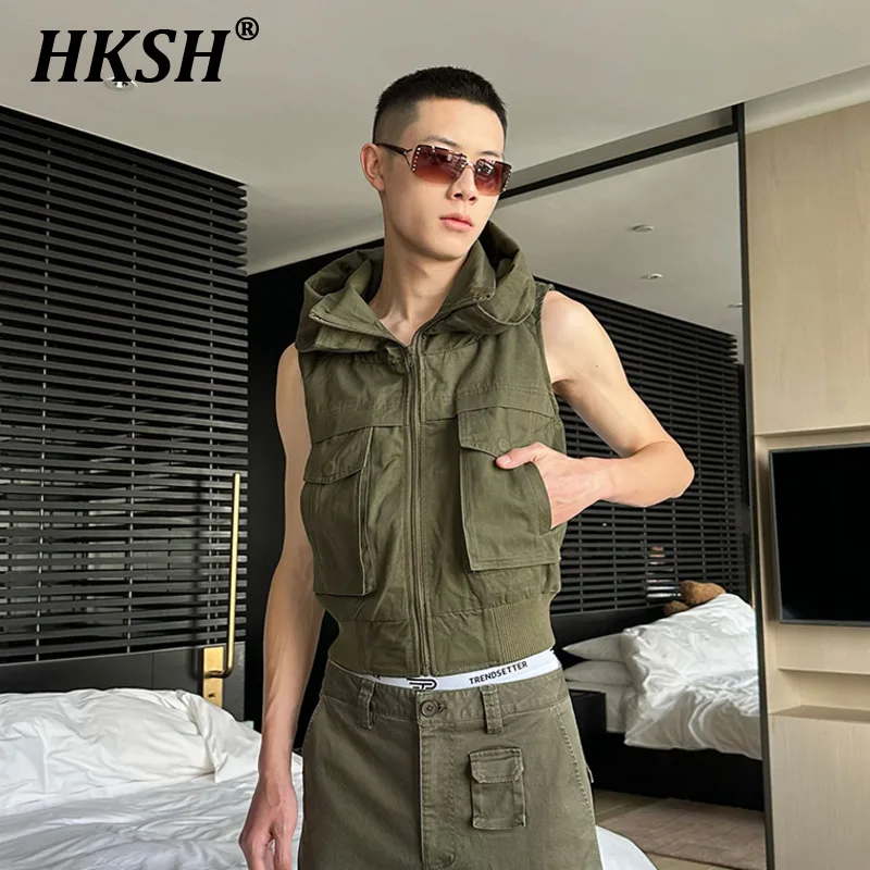 

HKSH Spring Summer New Men's Tide Y2K Sleeveless Hooded Motorcycle Tank Top Tactical Pocket Zipper Outdoor Vest Chic Coat HK1368