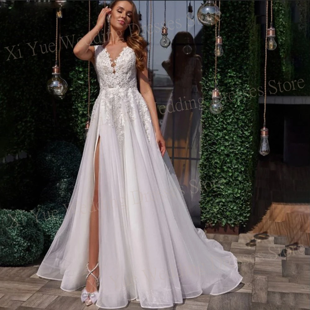 

2024 Charming Sexy A Line Women's Wedding Dresses V Neck Lace Appliques Sleeveless Bride Gowns Side High Slit Vestido De Novia