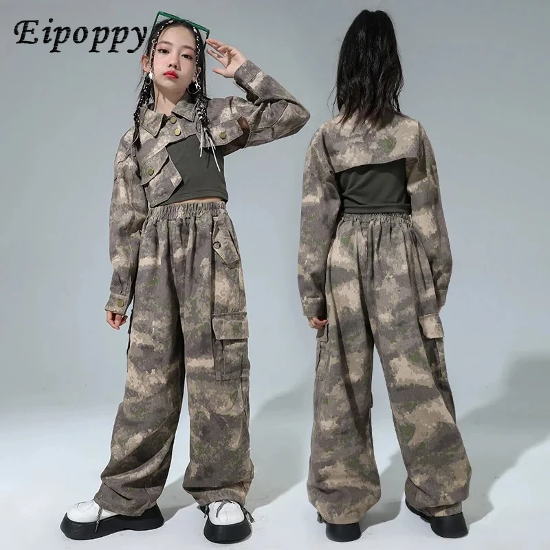 

Камуфляжный укороченный жакет в стиле хип-хоп, брюки-карго, Женский комплект, Детская уличная одежда для девочек