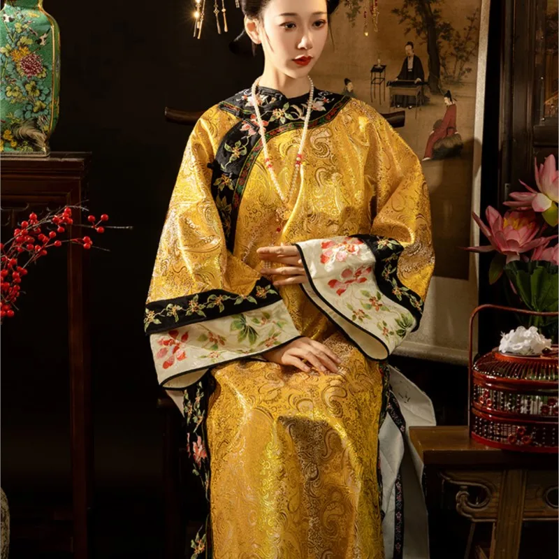 

Qing Dynasty Women's Plaid Imperial Concubine Clothing Non-Han Chinese Style Cheongsam New Embroidery