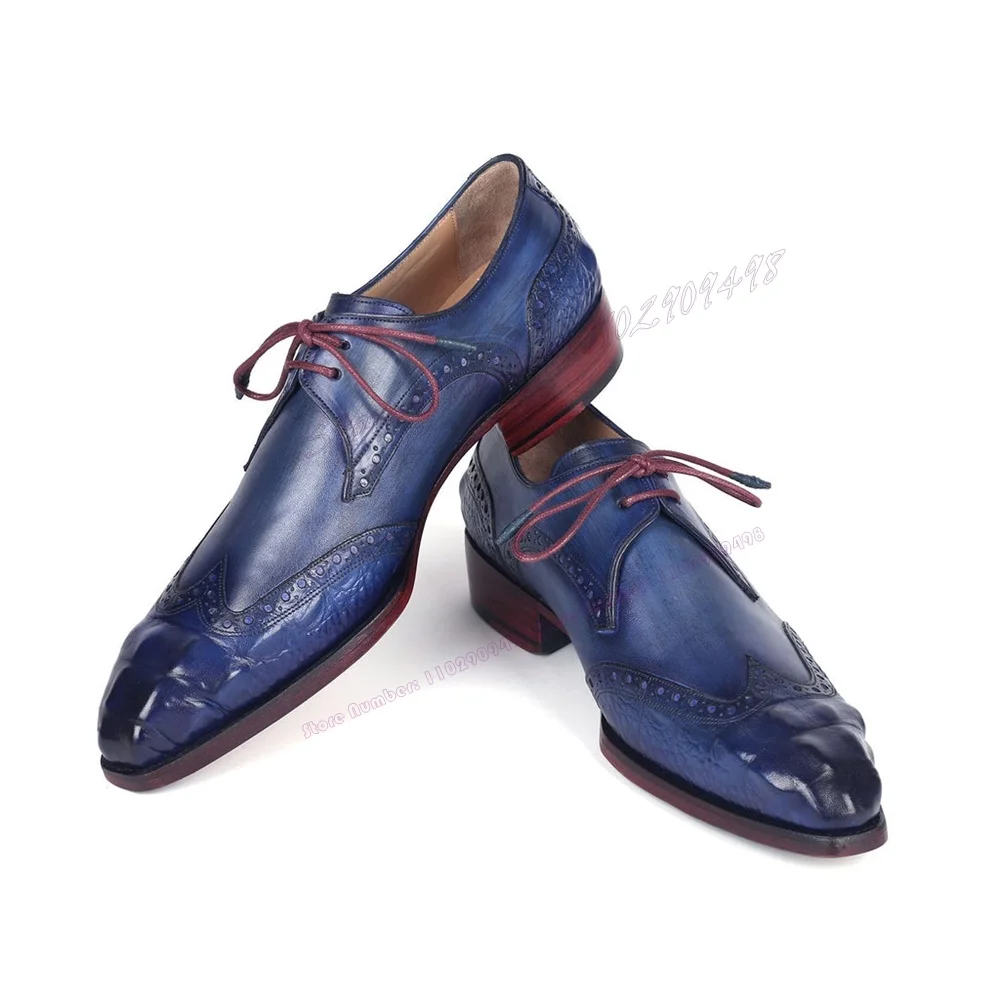 

Blue Matte Leather Men's Dress Shoes Lace Up Chunky Heels Dress Shoes for Men Business Party Derby Shoes Zapatos Para Hombres