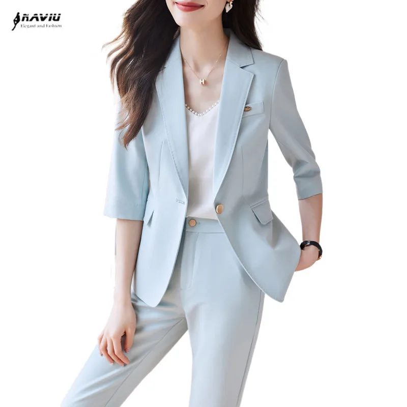 

NAVIU Blue Suits For Women 2024 Fashion Half Sleeve Office Lady Single Button Blazer Chic High Waisted Pants 2 Piece Set Khaki