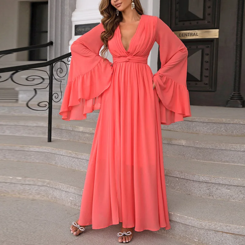 

Women's Bohemian Dresses Sexy Deep V-neck Dress Flared Sleeves A-Line High Slit Long Dress 2024 Fashion Casual Vacation Dresses