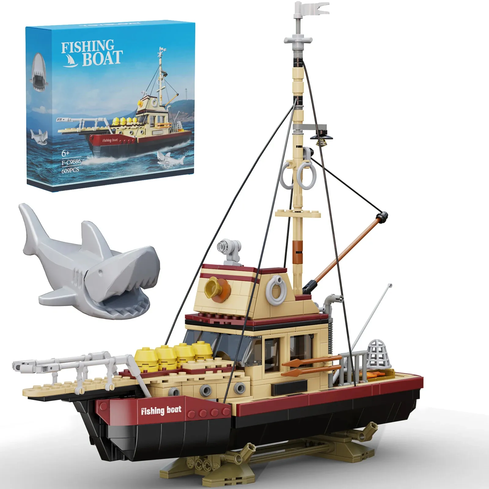 

City Fishing Boat Vessel Trawlboat Model Building Blocks Set Sea Fisher White Shark Figures Pirate Ship Model Building Toy