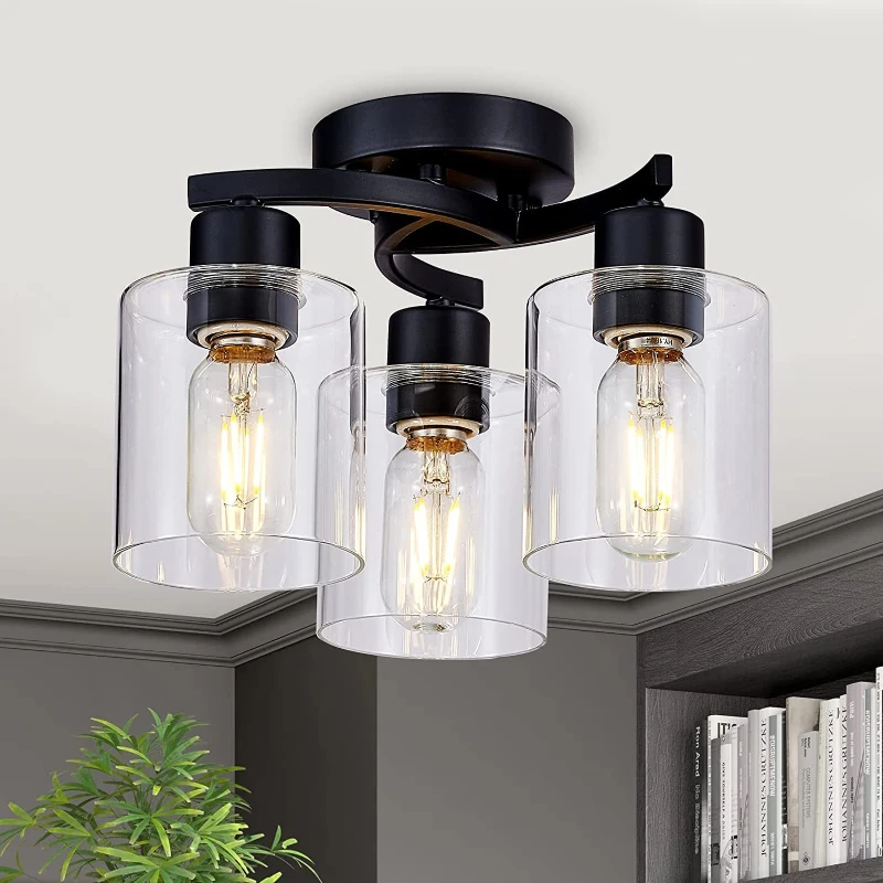 

Black Ceiling Light Fixture 3 Light Flush Mount Ceilinglight, Industrial Ceiling Lamp with Clear Glass Shades (3-Light)