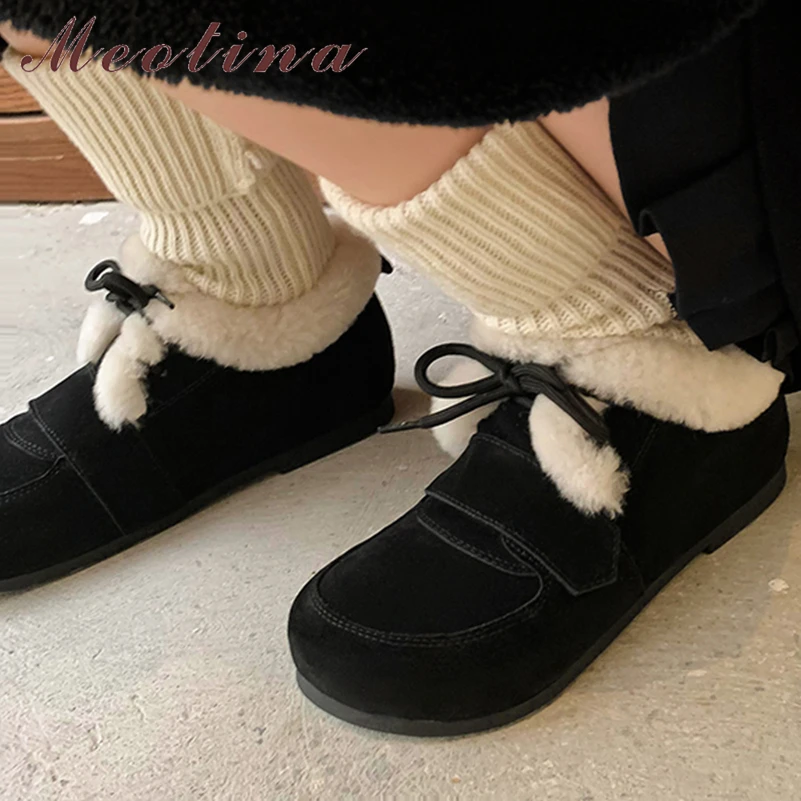 

Meotina Women Genuine Leather Flats Round Toe Fur Lace-up Cow Suede Concise Ladies Fashion Casual Shoes Winter Black Khaki 40