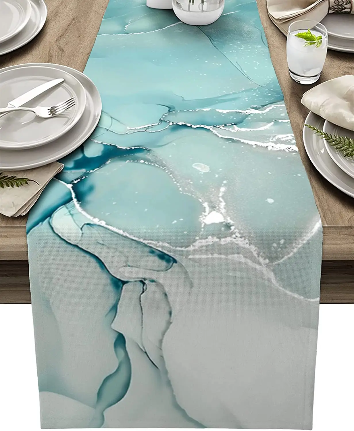 

Marble Turquoise Teal Aqua Linen Table Runner Kitchen Table Runners Decor Dresser Dining Table Runners Holiday Party Decorations