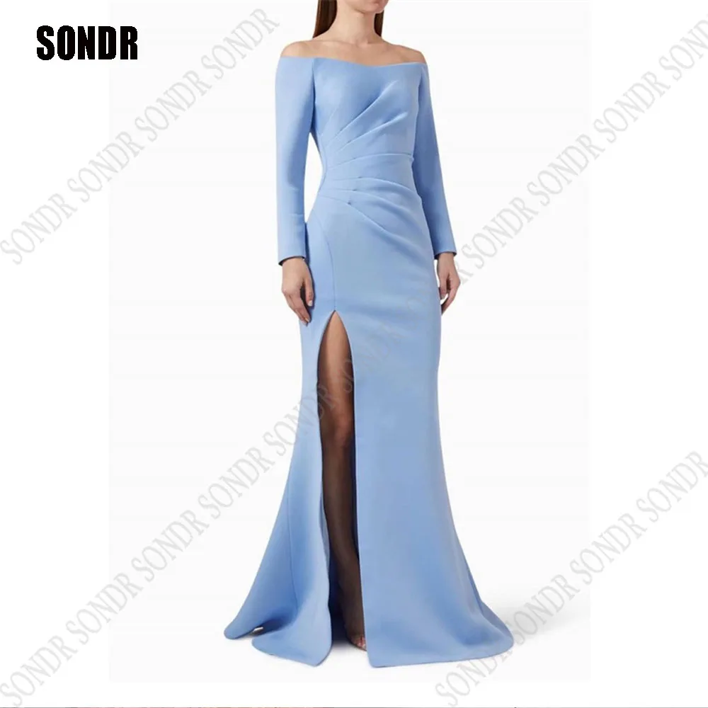 

SONDR Sky Blue Side Slit Evening Dress Saudi Arabia فساتين مناسبة رسمية Off Shoulder Mermaid Pleats Celebrity Prom Gown Dubai