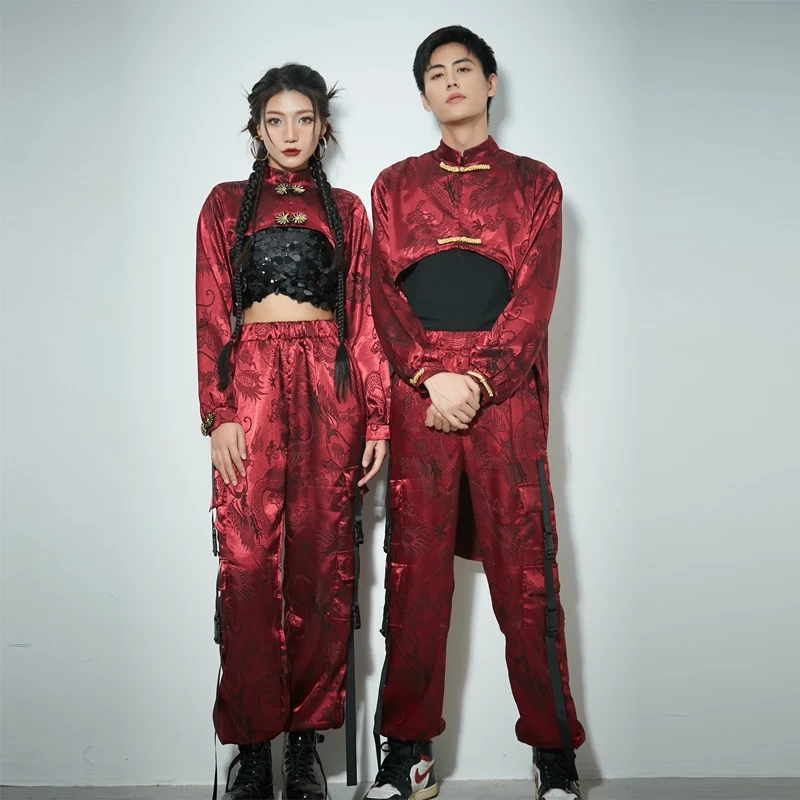 

2024 Chinese Style Jazz Dance Costumes For Adults Red Outfits Nightclub Bar Dj Performance Stage Clothes Men Women Hiphop Wear