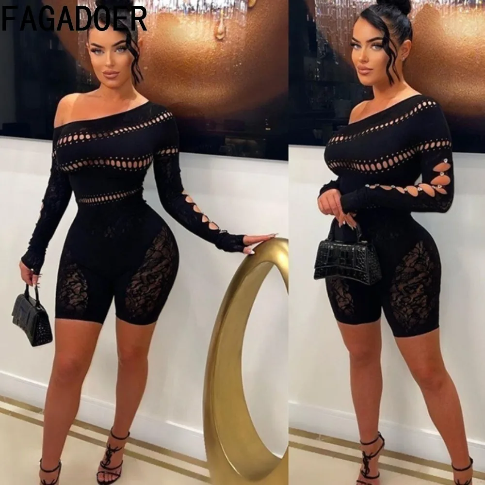 

FAGADOER Sexy Hollow Thicker Lace Hole Bodycon Rompers Women Long Sleeve Perspective Slim Jumpsuits Lady Nightclub Overalls 2024