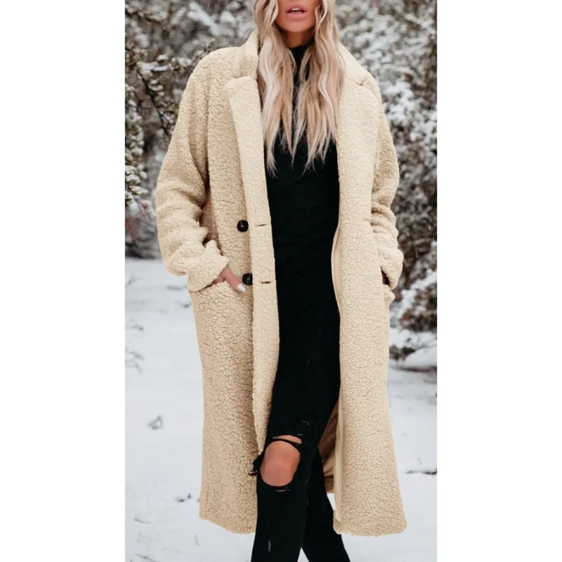 

Зимнее женское плюшевое длинное пальто, Элегантный Модный теплый плотный флисовый однобортный Кардиган с длинным рукавом и карманами, куртка, верхняя одежда