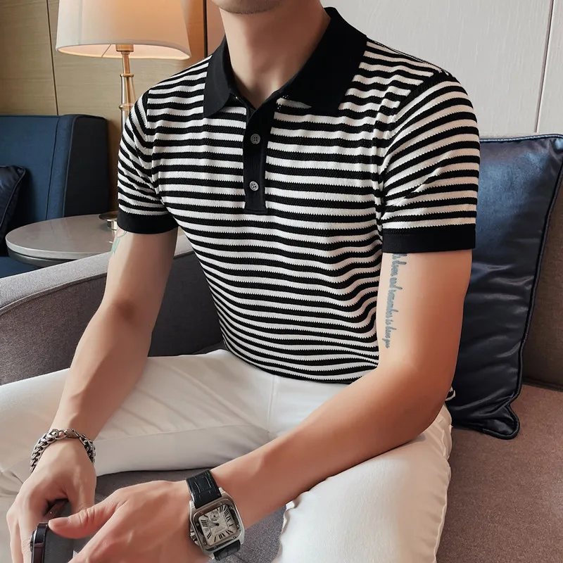 2023 New Men's Knitted Ice Silk Polo Shirt with Summer Stripes and Lapel Collar, Slim Fit, Smart Casual, Mens Summer Golf Shirts
2023 New Men's Knitted Ice Silk Polo Shirt with Summer Stripes and Lapel Collar, Slim Fit, Smart Casual, Mens Summer Golf Shirts