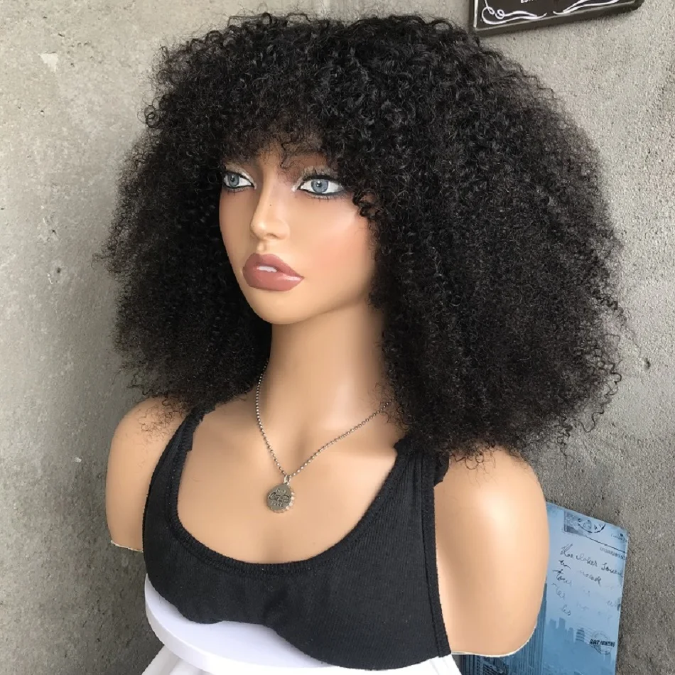 

Cheap Short Afro Kinky Curly Bob Wig with Bangs Glueless Mongolian Human Hair Wigs for Black Women Full Machine Made No Lace Wig