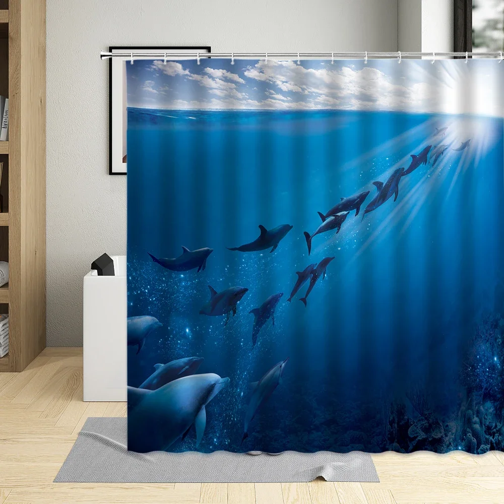 

Tropical Sea Scenery Bathroom Curtains Animal Ocean Dolphins Print Shower Curtain Waterproof Fabric For Home Decor With Hooks