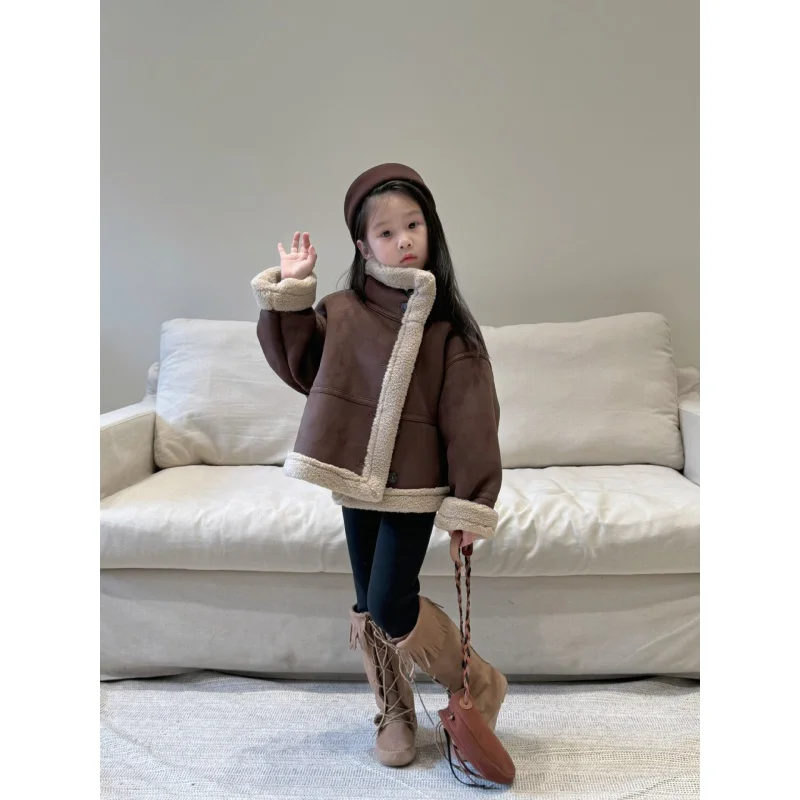 

Boys' And Girls' Maillard Coat Children'S Winter New Thickened Western Style Motorcycle Clothing Fur Integrated Top