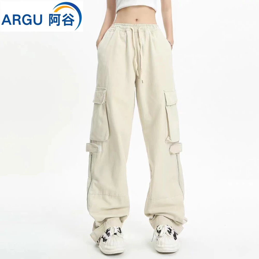 

Женские прямые брюки в американском ретро стиле, широкие брюки-карго с карманами, повседневные свободные брюки в стиле хип-хоп