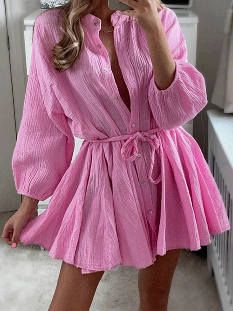 

2024 Designer Ruffled Mini Fold Dress Women Chic Waisted Lace-up Fashion Single-Breasted Full Sleeve Party Street Style Outfits