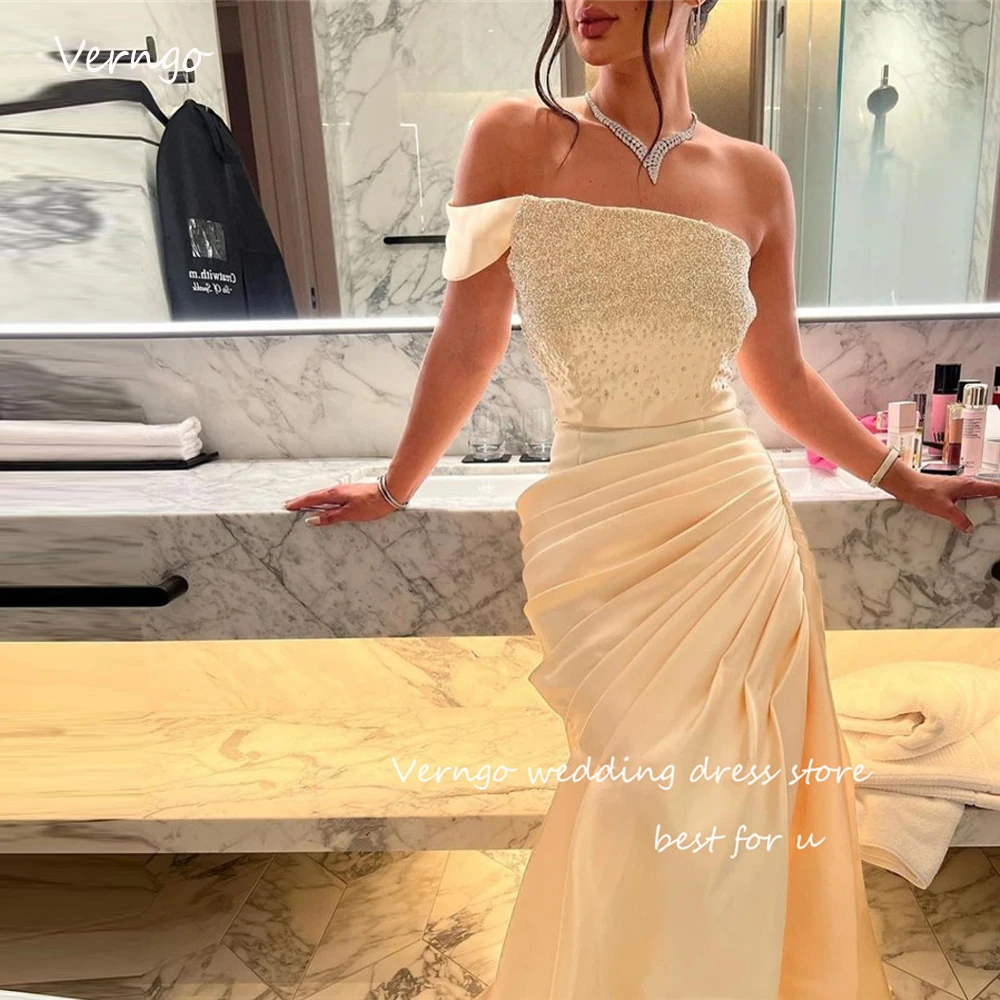 

Verngo Elegant Beige Satin Mermaid Evening Dresses Saudi Arabic Lady Pleats Beading Prom Gowns Formal Party Dress 2023