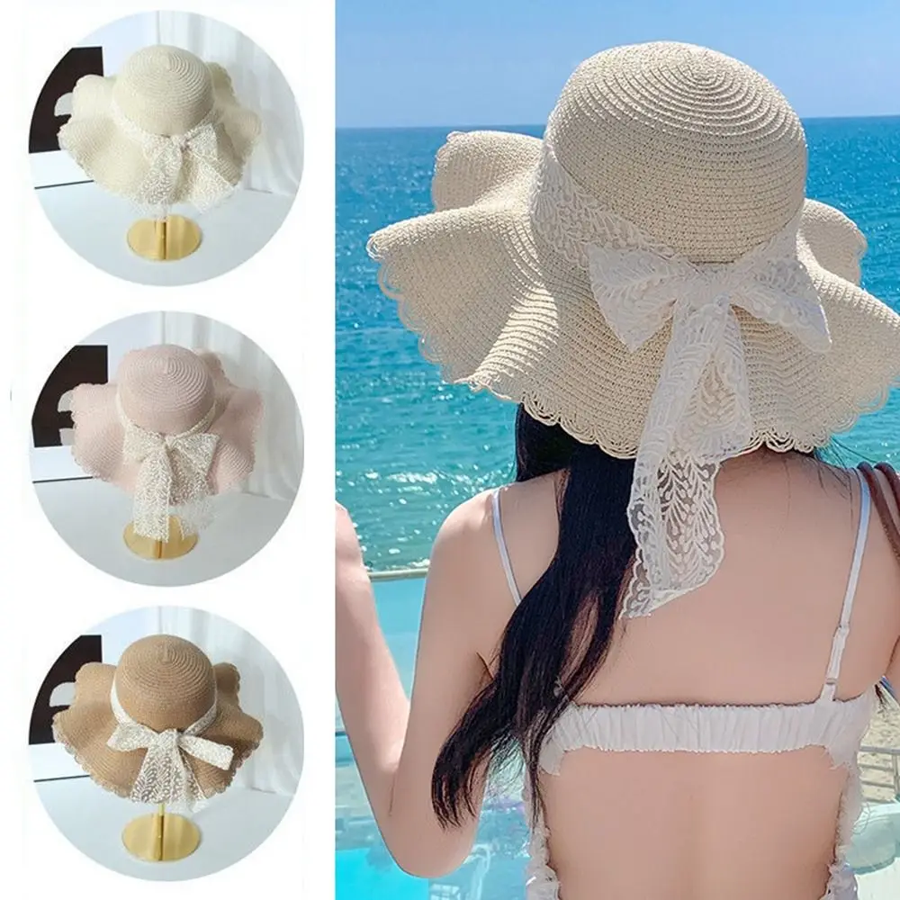 

UV Protection Sun Hat Fashion Wide Brim Bow Ribbons Beach Hat Portable Straw Straw Cap Beach