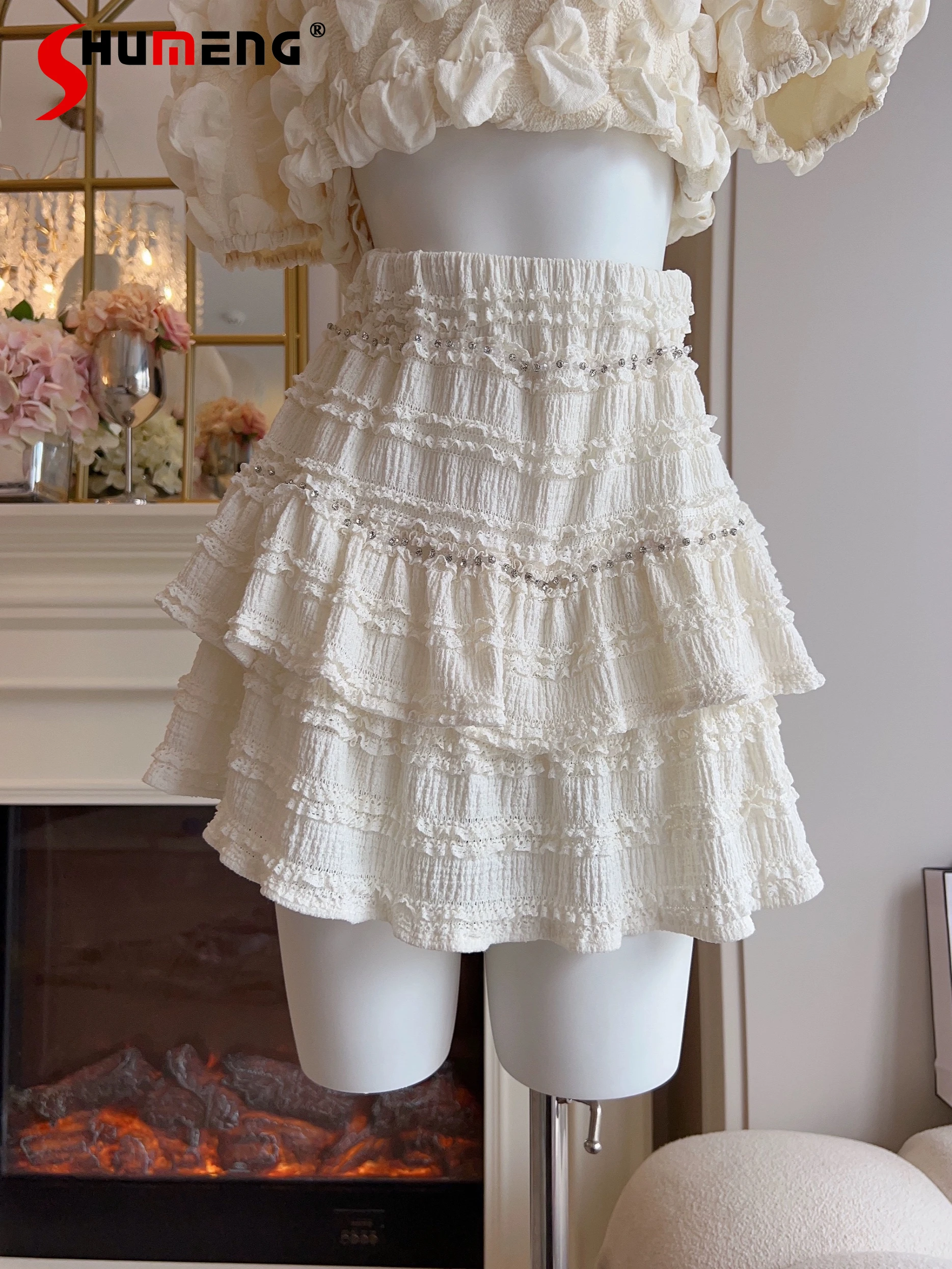 

Fashion Lace Pleated Skirts Women's 2024 Summer Diamond Solid Color Slim-fit Skirt Feminine High Waist Slimming Nice Skirts